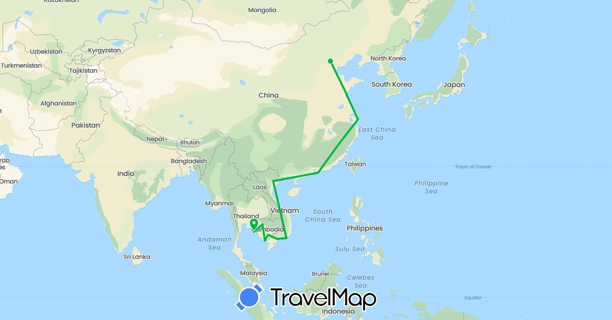 TravelMap itinerary: driving, bus in China, Cambodia, Thailand, Vietnam (Asia)